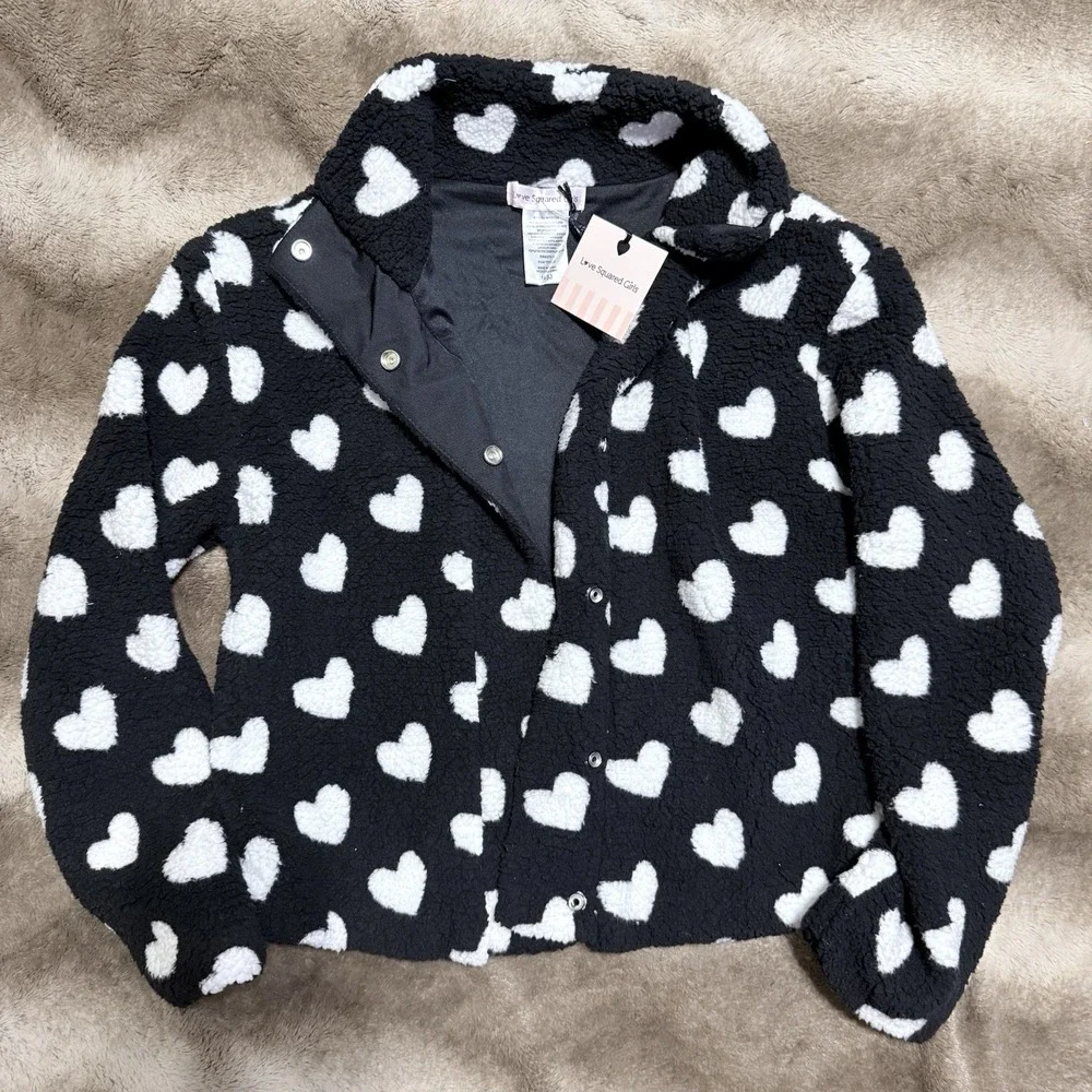 Love Squared Girls Black and White Heart Print Sherpa Snap-Front Fleece‎ Jacket